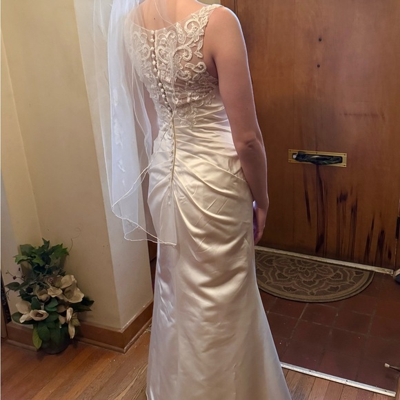 DAVID'S BRIDAL V-Neck Trumpet Wedding Dress with Pleated Bodice - Picture 3 of 3